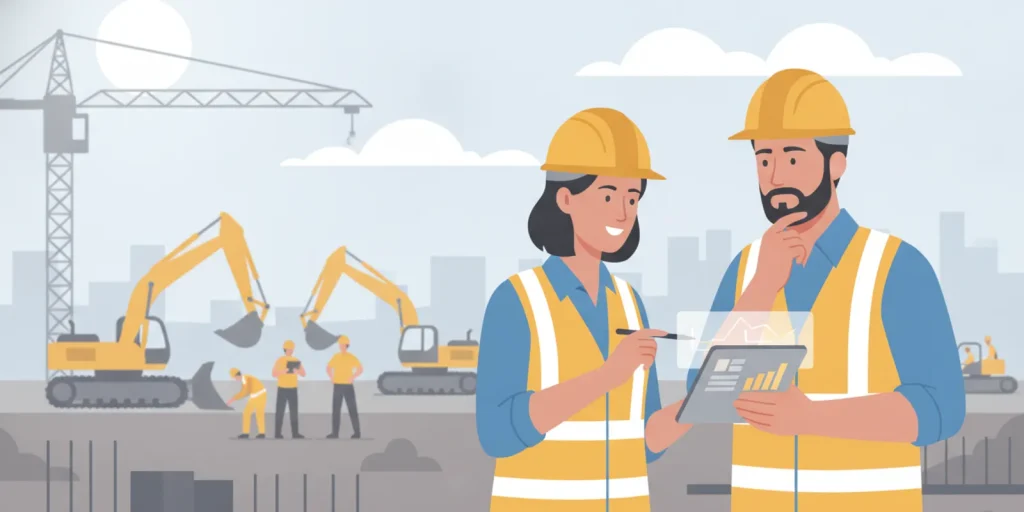 Construction compliance manager reviewing payroll records beside a federal project team in daylight