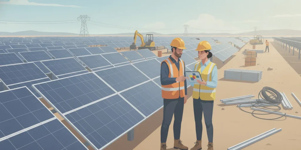 Construction project team reviewing wage and apprenticeship records at a solar job site